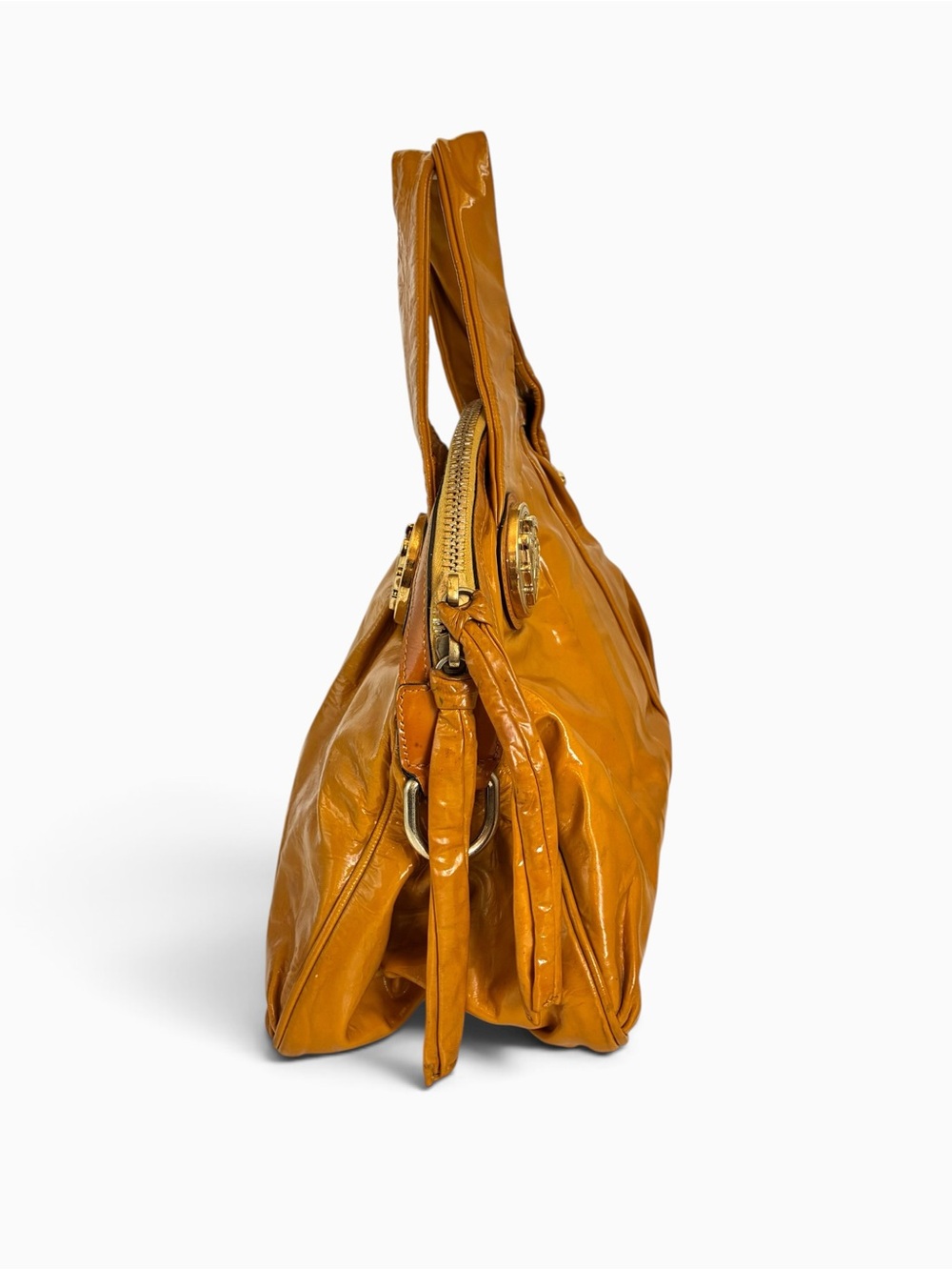 Gucci Hysteria Patent Leather Large Tote Bag Mustard Yellow Gold Crest - Picture 3 of 11